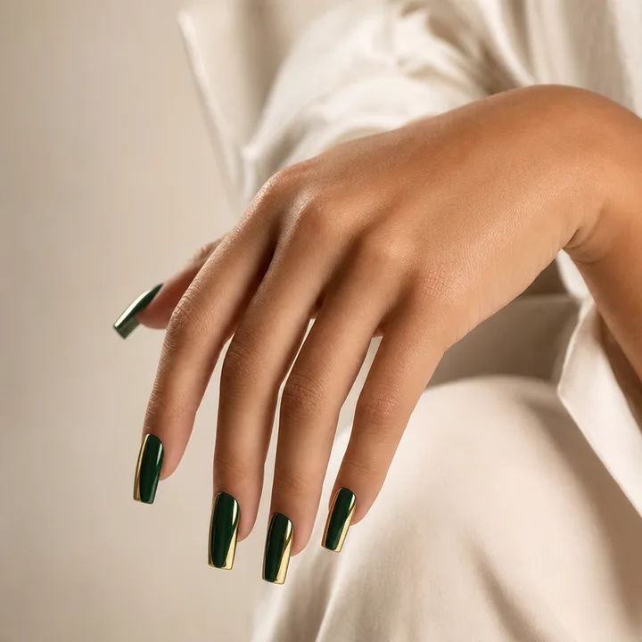 Émeraude et chrome doré — nail art à domicile