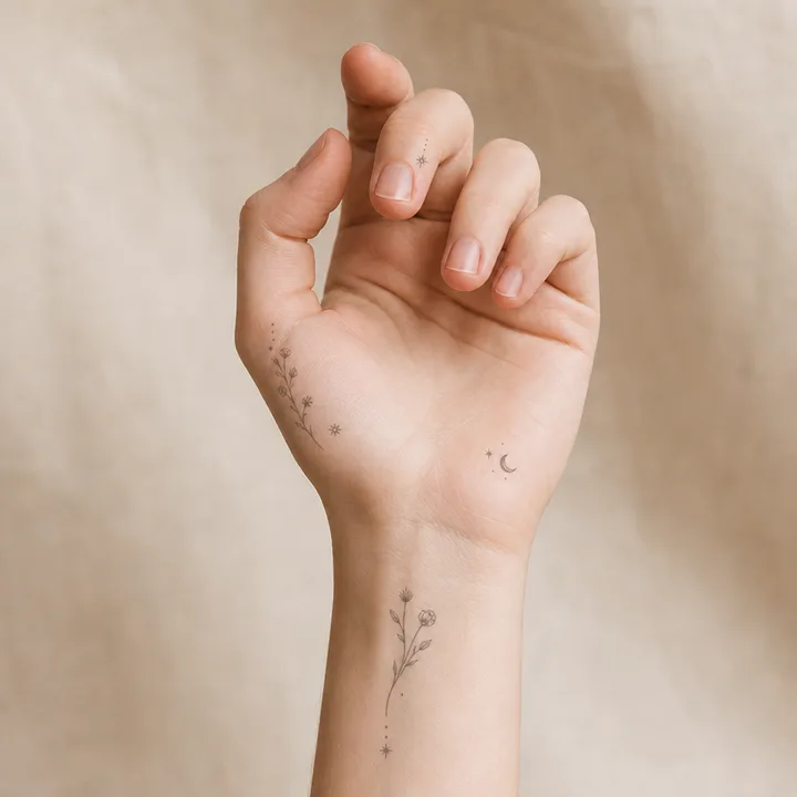 Petits tatouages fins sur la main et le poignet