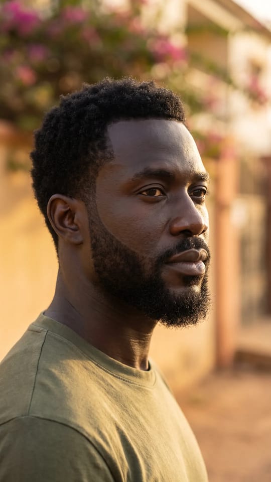 Barbe afro dense et nette : Barbe dense aux poils crépus de 2 cm, taillée au rasoir avec joues et cou parfaitement tracés, moustache épaisse, volume homogène.