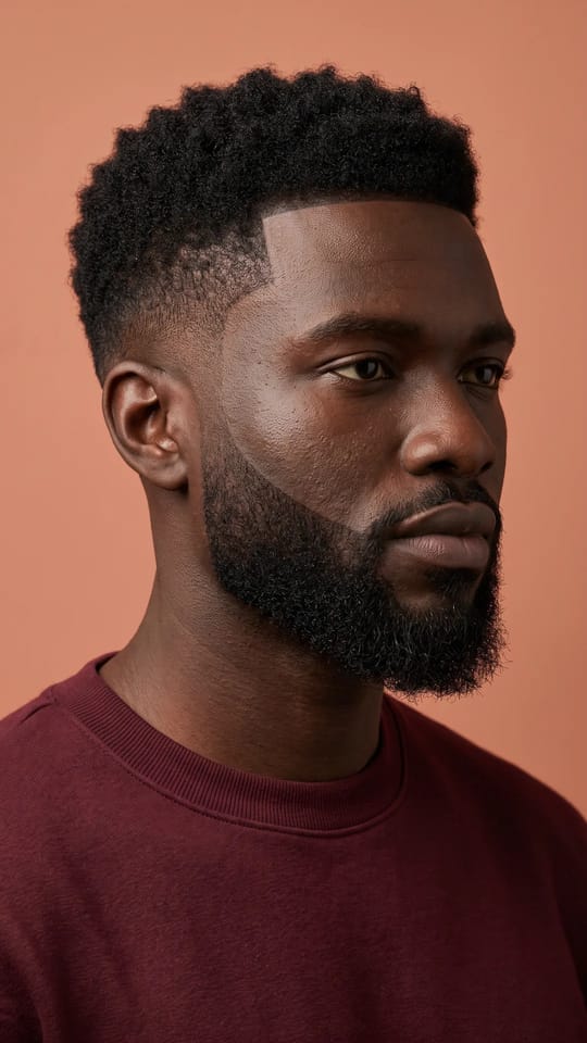 Boxed beard courte : Short boxed beard : contours angulaires précis, joue haute nette, un peu plus de longueur au menton pour souligner la mâchoire.