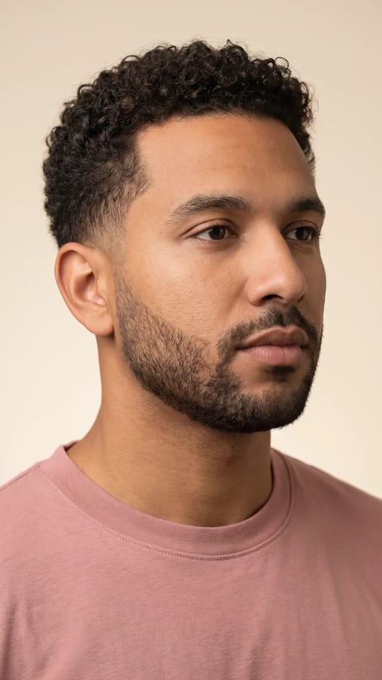 Barbe courte entretenue : Barbe courte et régulière d'environ 6 mm, joues et cou nets, moustache fondue dans la barbe, densité homogène.