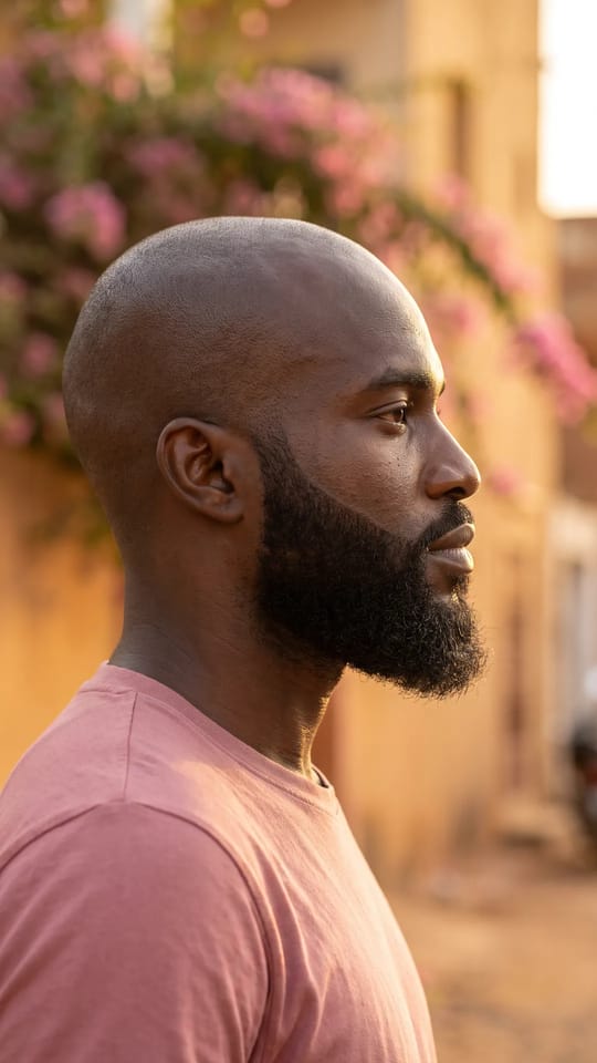 Crâne rasé et barbe soignée : Crâne rasé lisse et brillant associé à une barbe pleine de 3 cm, soigneusement taillée, joues et cou nets.
