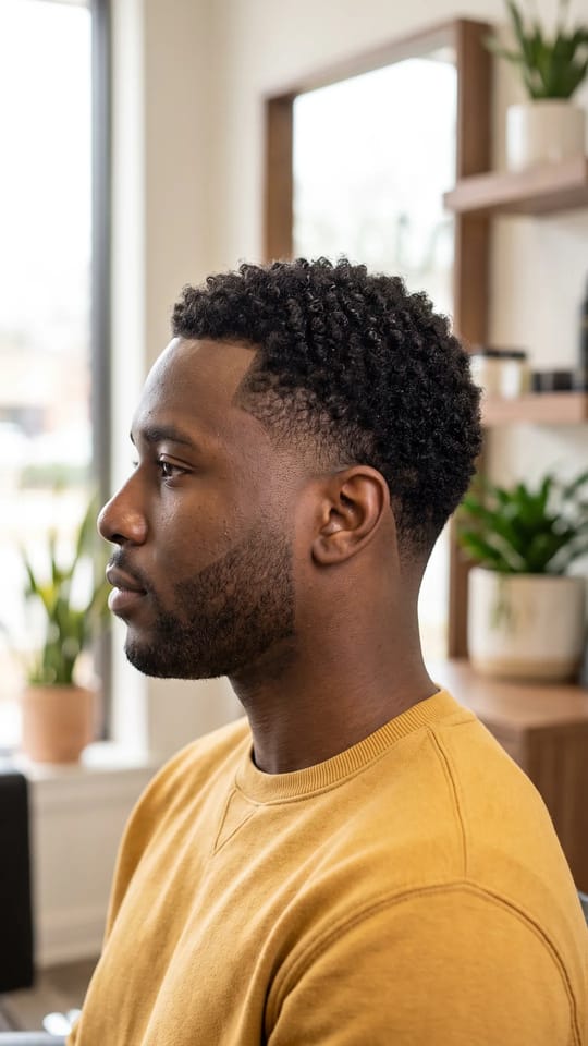 Barbe dégradée (beard fade) : Beard fade : la barbe se fond sans rupture avec le dégradé des cheveux, de la peau rasée vers la barbe courte et dense, tracé net aux joues.