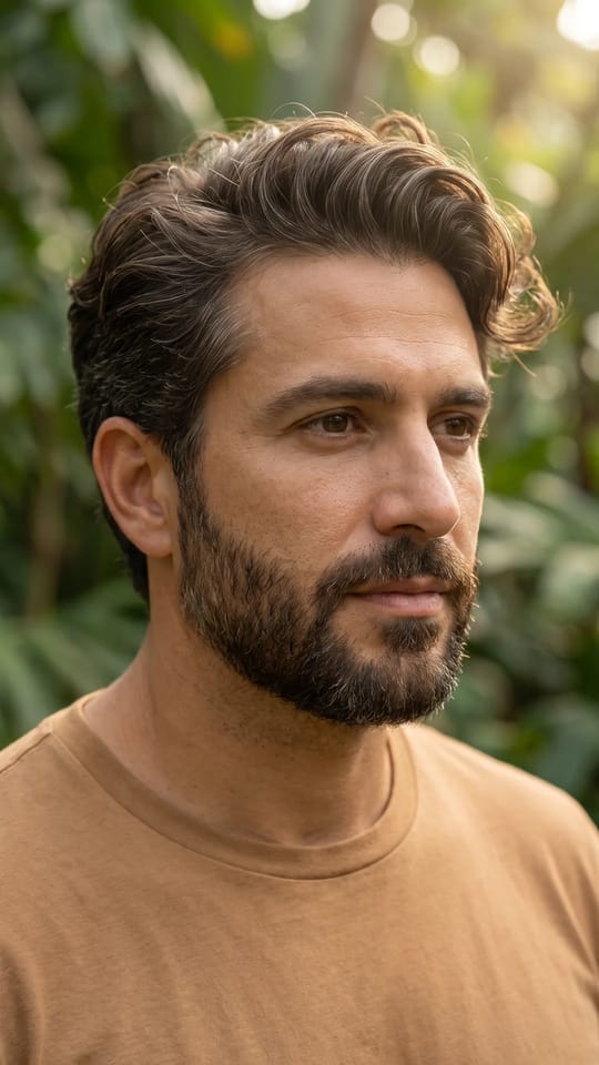 Barbe fournie et naturelle : Barbe pleine de 3 cm à peine structurée, joues et cou nettoyés, finition douce et naturelle, moustache dégagée de la lèvre.