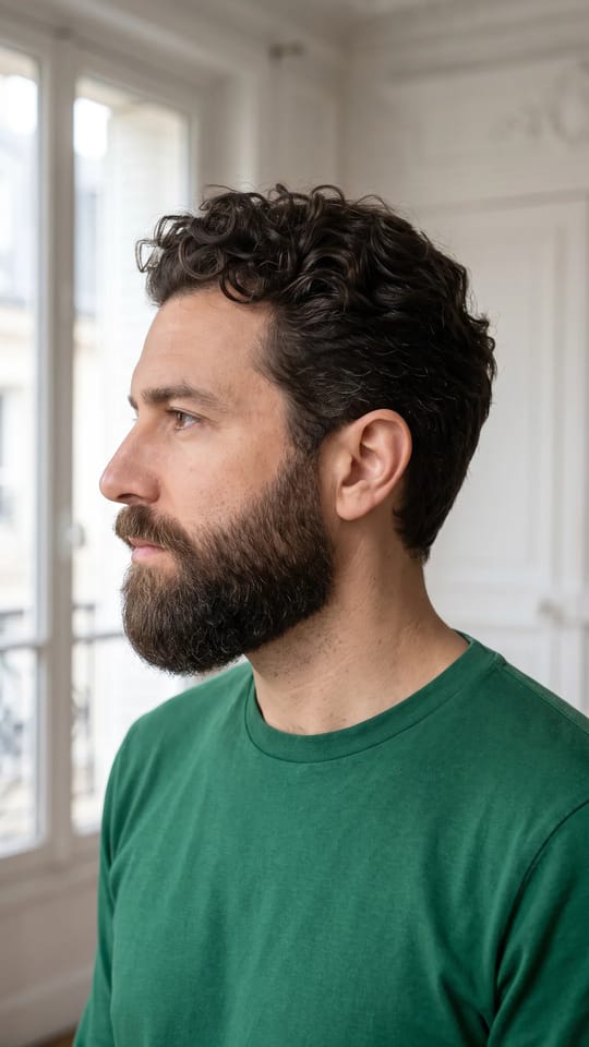 Barbe longue entretenue : Barbe longue de 12 cm, peignée et lissée, bord du cou arrondi, longueur égale du menton aux joues, moustache fondue.