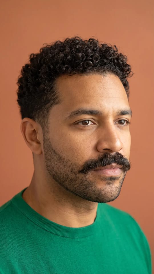Moustache épaisse et barbe courte : Moustache pleine bien visible au-dessus d'une barbe très courte de 3 mm, joues nettes, caractère rétro assumé.