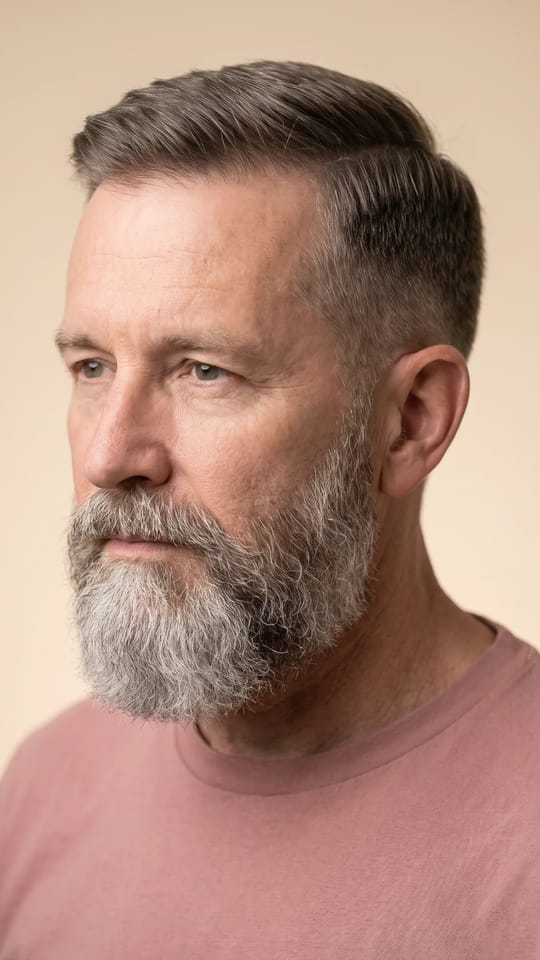 Barbe sel et poivre : Barbe pleine poivre et sel de 4 cm, taillée en forme naturelle, grisonnement assumé, contour du cou net.