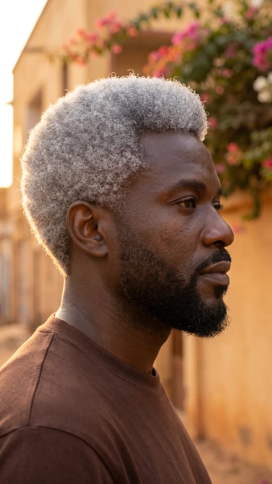 Afro argenté : Coupe afro courte teinte en argent clair uniforme, forme ronde bien dessinée, barbe courte noire pour le contraste.