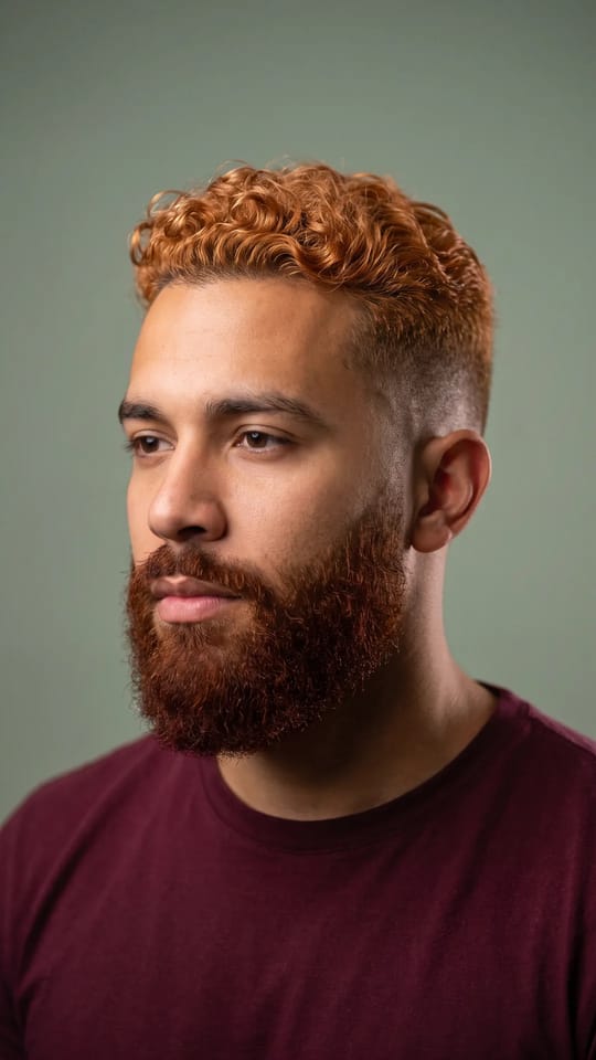 Cuivré éclatant : Dessus court teint en cuivre orangé chaud et brillant, barbe assortie en nuance plus sombre, côtés courts.