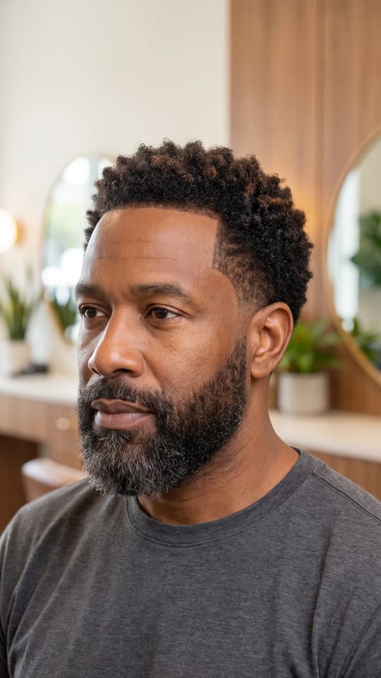 Gris camouflé cheveux et barbe : Cheveux et barbe retrouvent un brun-noir naturel qui masque le gris, sans effet teinture, avec des nuances pour rester crédible.