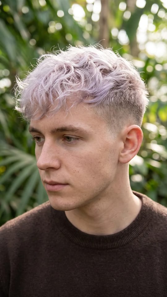 Violet pastel audacieux : Dessus décoloré puis teint en lilas pastel, côtés rasés de près, couleur lumineuse et nette, esprit festival.