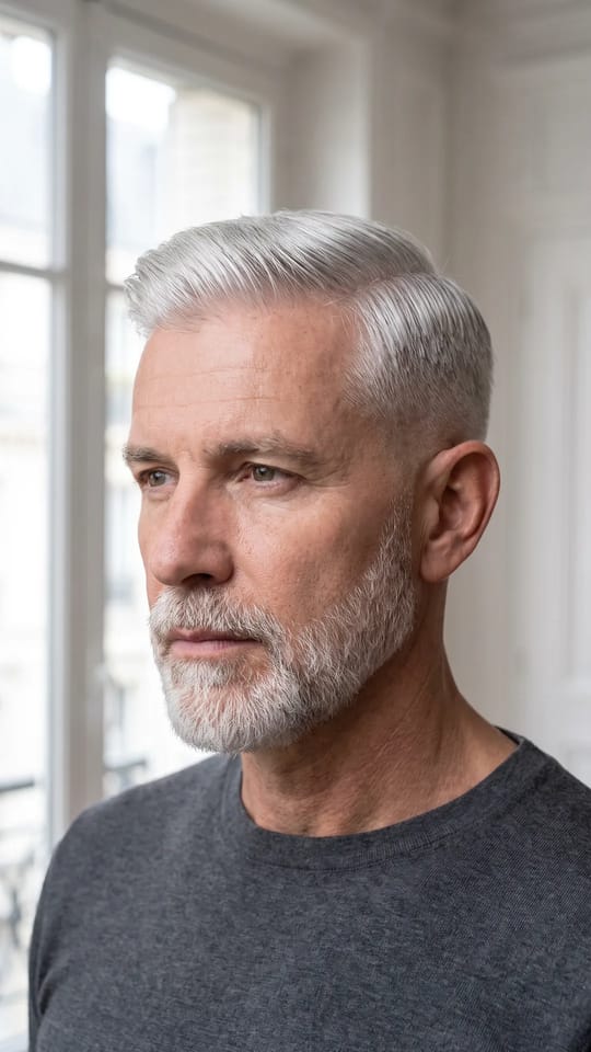 Silver fox assumé : Cheveux gris argenté tonifiés pour un blanc-argent régulier, coupe courte classique et barbe grise assortie.