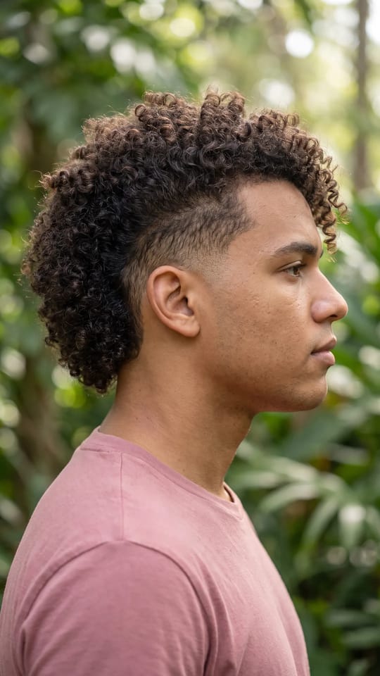 Burst fade : Burst fade : le dégradé contourne l'oreille en arc, dessus bouclé plus long qui retombe à l'arrière, nuque plus fournie.