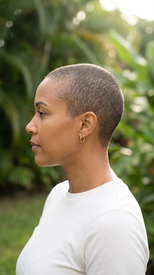 Buzz cut femme : Crâne rasé court à la tondeuse (4 mm) pour une femme, contour net des tempes et de la nuque, look épuré qui met le visage en valeur.