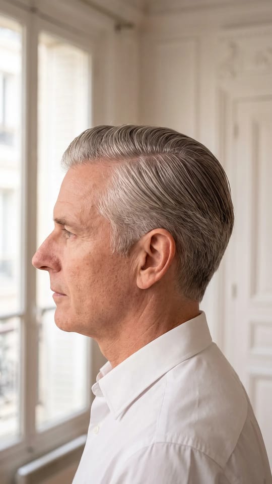 Dégradé classique raie côté : Raie sur le côté nette tracée au peigne, dessus de 5 cm coiffé en arrière avec un reflet soigné, côtés dégradés en douceur, cheveux argentés.