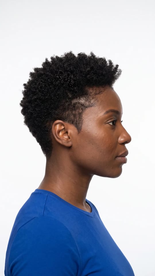 Coupe courte femme dégradée : Coupe courte de barbier au féminin : côtés et nuque en dégradé, dessus de 4 cm plus fourni en boucles naturelles, contours propres.