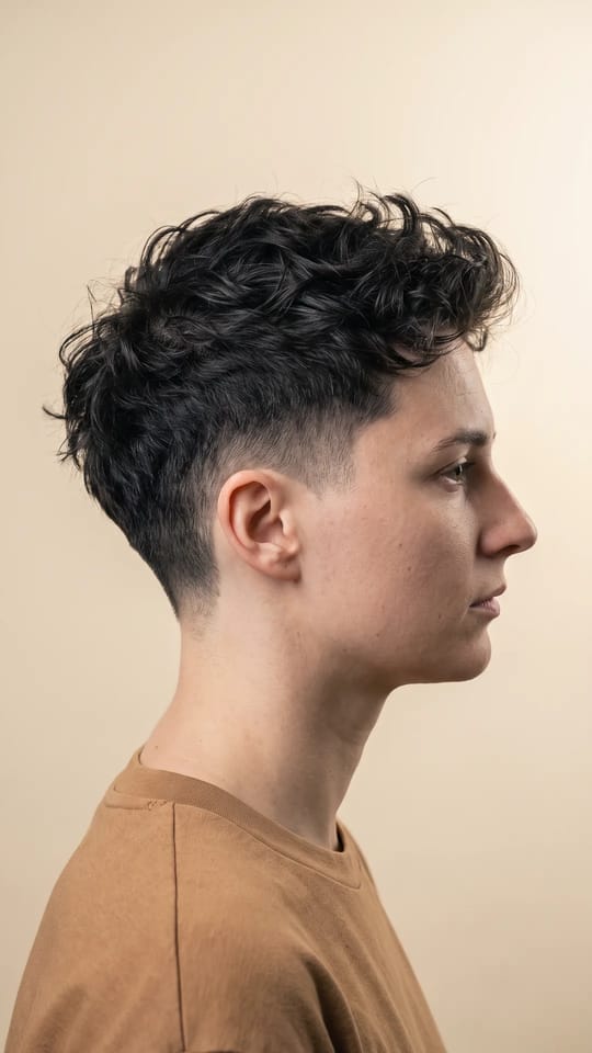 Dessus texturé, côtés dégradés : Dessus texturé de 6 cm coiffé en désordre contrôlé, côtés et nuque en dégradé moyen, un look androgyne facile à vivre.