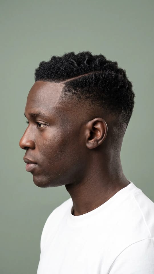 High fade net : Dégradé haut jusqu'à la peau dès les tempes, dessus compact de 2 cm, raie rasée nette dessinée sur le côté, contours millimétrés.