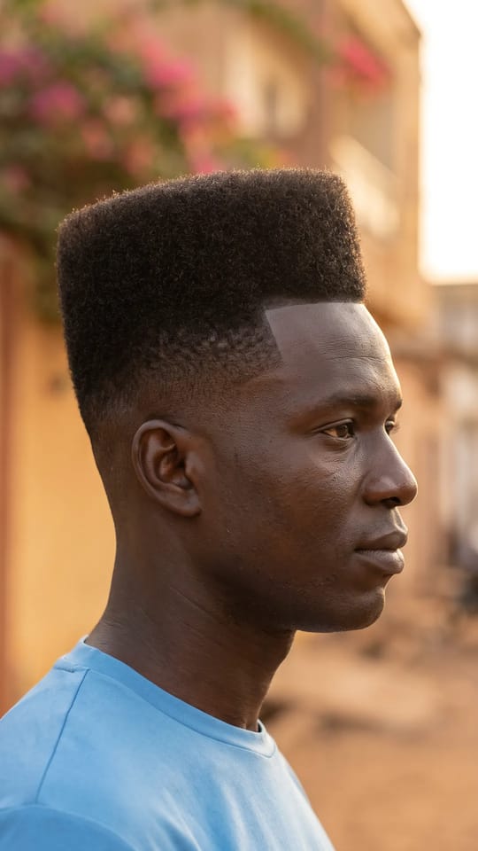 High-top fade : High-top fade : dessus plat et haut en carré, côtés en dégradé jusqu'à la peau, ligne de front et tempes dessinées net.