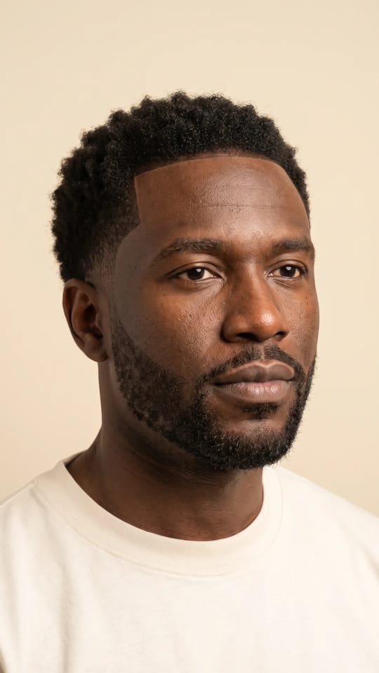 Line-up net : Cheveux courts naturels avec une ligne de contour rasée au millimètre sur le front et les tempes (line-up), barbe courte assortie.