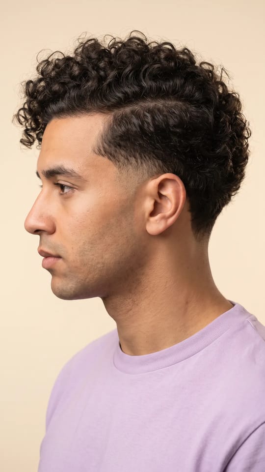 Mid fade net : Dégradé moyen bien fondu à partir des tempes, côtés courts, dessus de 3 cm peigné vers le côté, contours précis aux tempes et à la nuque.