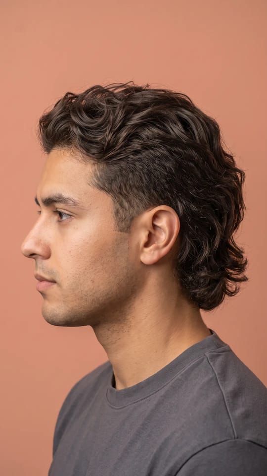 Mullet moderne : Mullet moderne : dessus texturé, côtés dégradés propres, longueur dans la nuque qui tombe sur le col, vague naturelle.