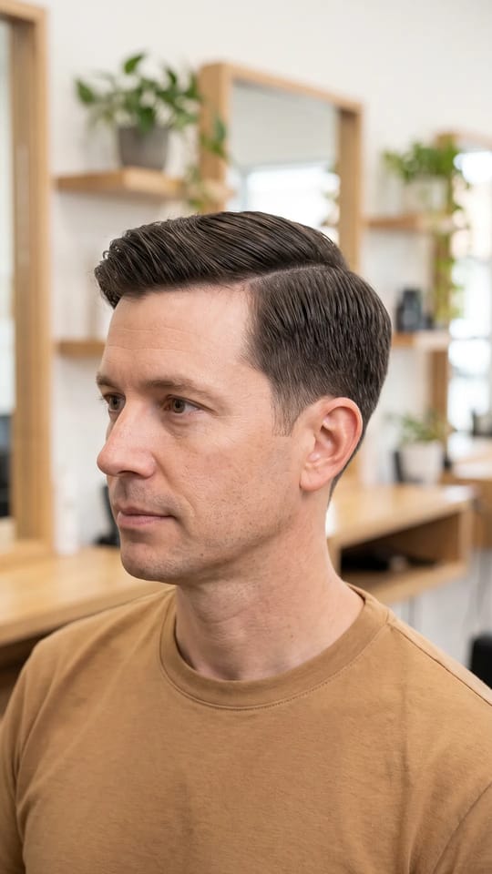 Taper discret : Taper classique : nuque et pattes dégradées en douceur, dessus plus long coupé aux ciseaux et coiffé avec une raie sur le côté, un look sobre pour le bureau.