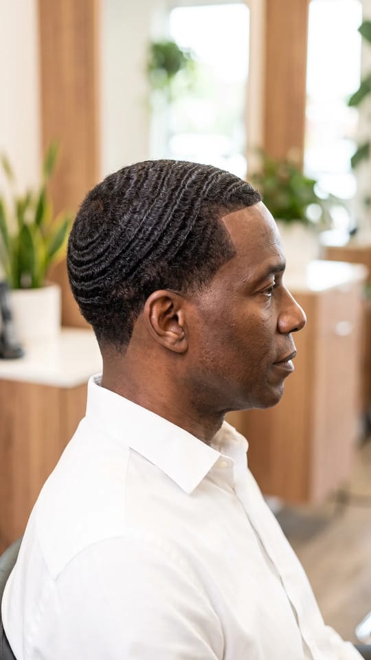 Waves 360 : Waves 360 : ondulations concentriques brossées sur tout le crâne, dégradé bas propre autour, brillance soyeuse, ligne de cheveux nette.