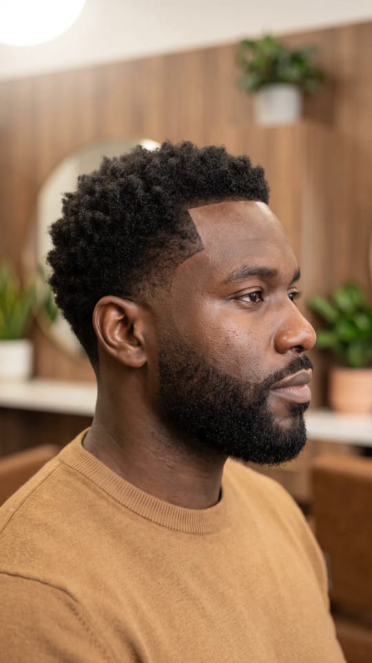 Cheveux et barbe alignés : Contour de la ligne de cheveux et de la barbe tracé au même angle, tempes, pattes et joue en continuité, un ensemble cohérent.