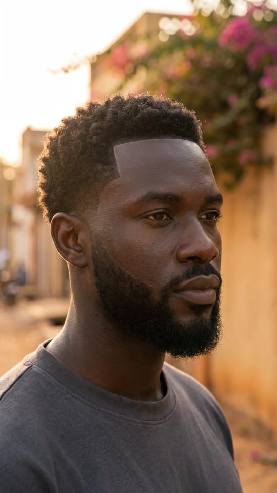 Line-up barbe et tempes : Ligne de contour continue entre les pattes, les tempes et la barbe, tracée au rasoir, tout est aligné au millimètre.
