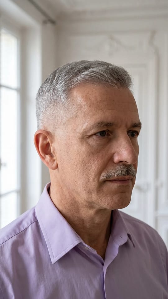 Moustache fine bien dessinée : Moustache fine et très nette, dessinée au rasoir au-dessus de la lèvre, joues rasées de près, esprit rétro.