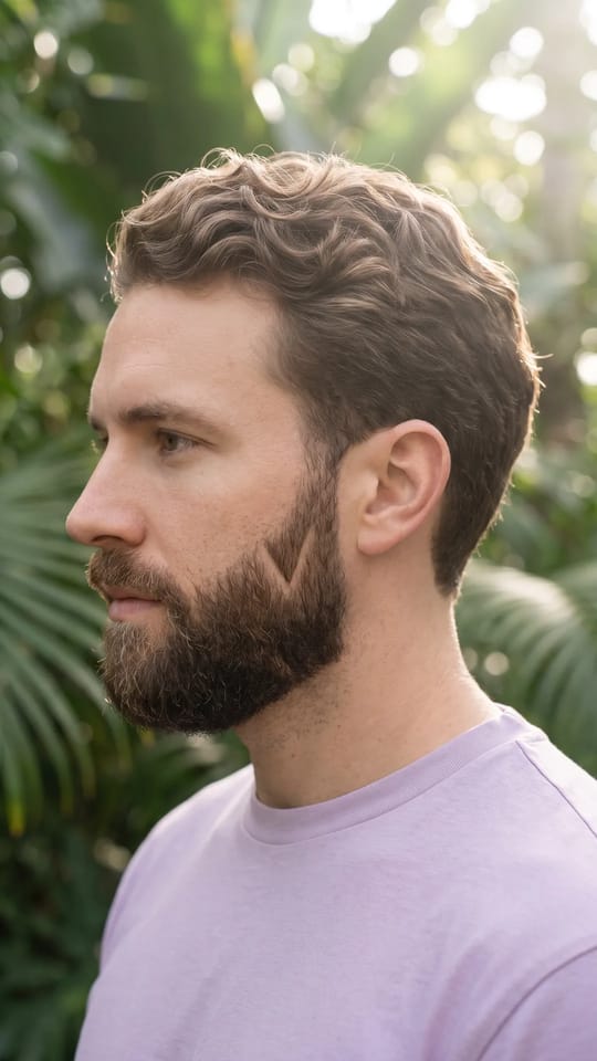 Raie dessinée dans la barbe : Fine ligne rasée en diagonale tracée dans la barbe courte, comme une raie nette qui crée un détail graphique.