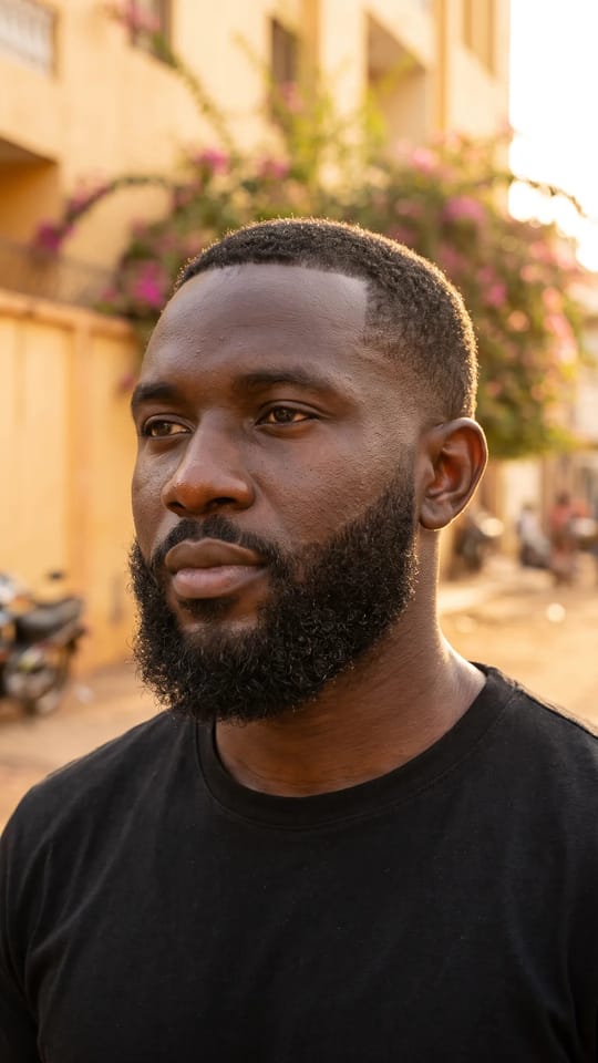 Barbe crépue hydratée : Barbe crépue souple et bien définie, poils hydratés et brillants, peau nette dessous, forme entretenue et douce au regard.