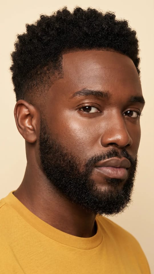 Barbe et peau saines : Barbe courte et dense avec une peau saine dessous, sans pellicules ni démangeaisons, teint lumineux autour de la barbe.