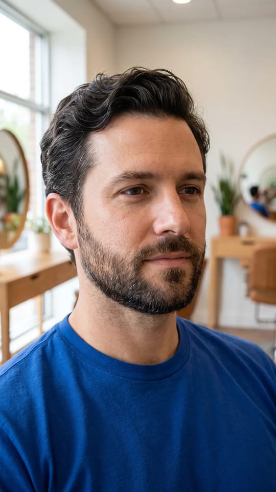 Détente après le soin de la barbe : Barbe courte douce et bien nourrie, homme détendu qui passe la main dessus après le soin, peau fraîche et sans irritation.
