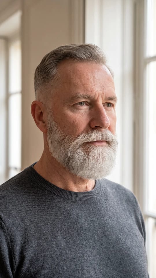 Barbe grise éclatante : Barbe grise et blanche entretenue : poils soyeux, jaunissement atténué, brillance saine, forme nette.
