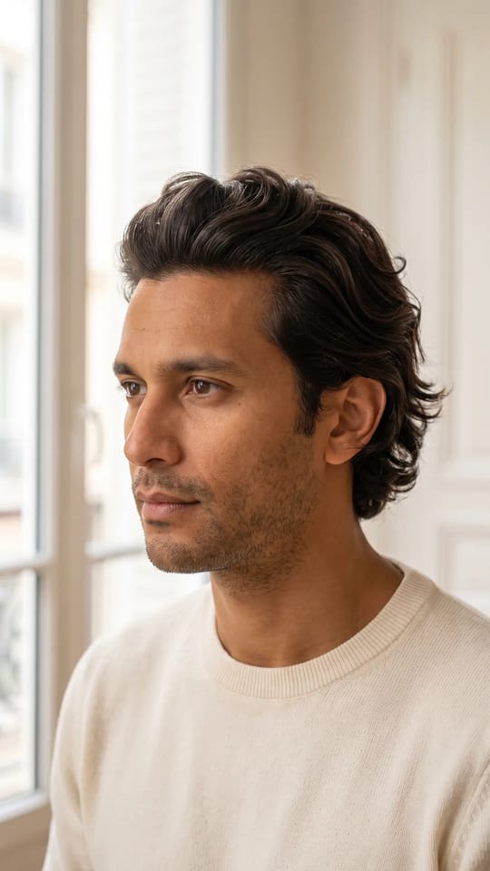 Brushing homme cheveux mi-longs : Brushing d'homme sur cheveux mi-longs : cheveux relevés et ramenés en arrière avec du volume sur le dessus, longueurs souples derrière les oreilles.