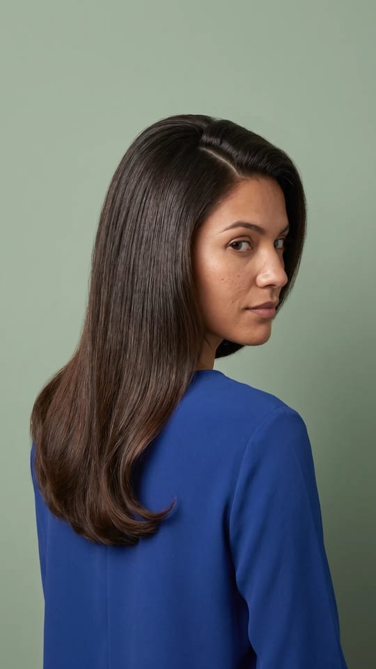 Longs cheveux lisses, raie de côté : Brushing long, lisse et plein de corps, raie profonde sur le côté, pointes légèrement incurvées, brillance de salon.