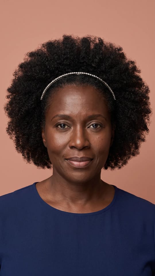 Afro volumineux et serre-tête : Afro naturel ample et dense, bien dégagé et symétrique, ceint d'un serre-tête orné de cristaux, coiffure de gala.