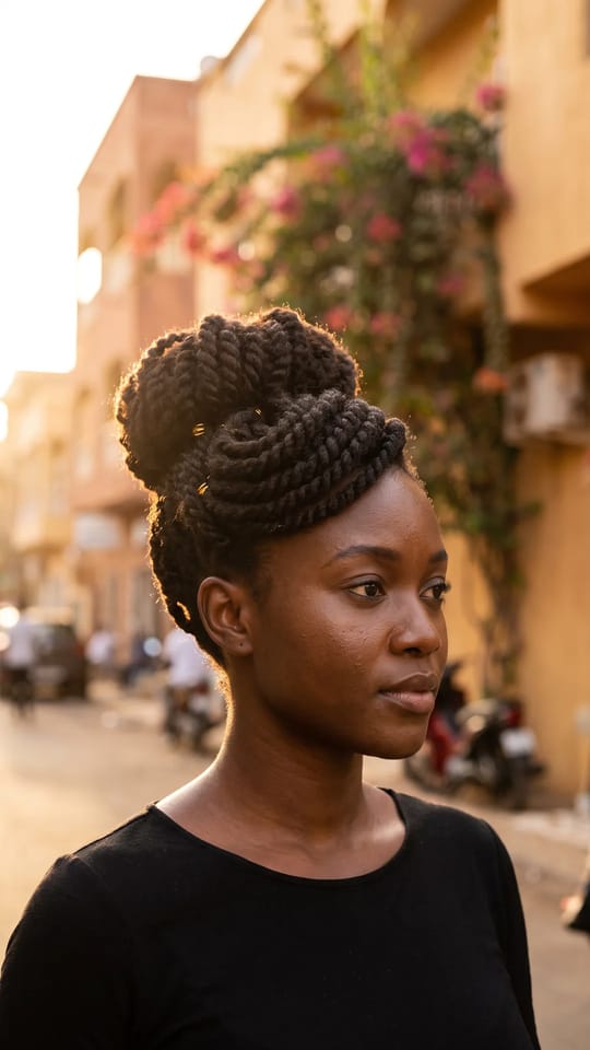 Chignon afro sculpté de mariée : Chignon haut sculpté sur cheveux crépus naturels, torsades régulières ramenées en couronne, bijou de cheveux doré, contours nets.