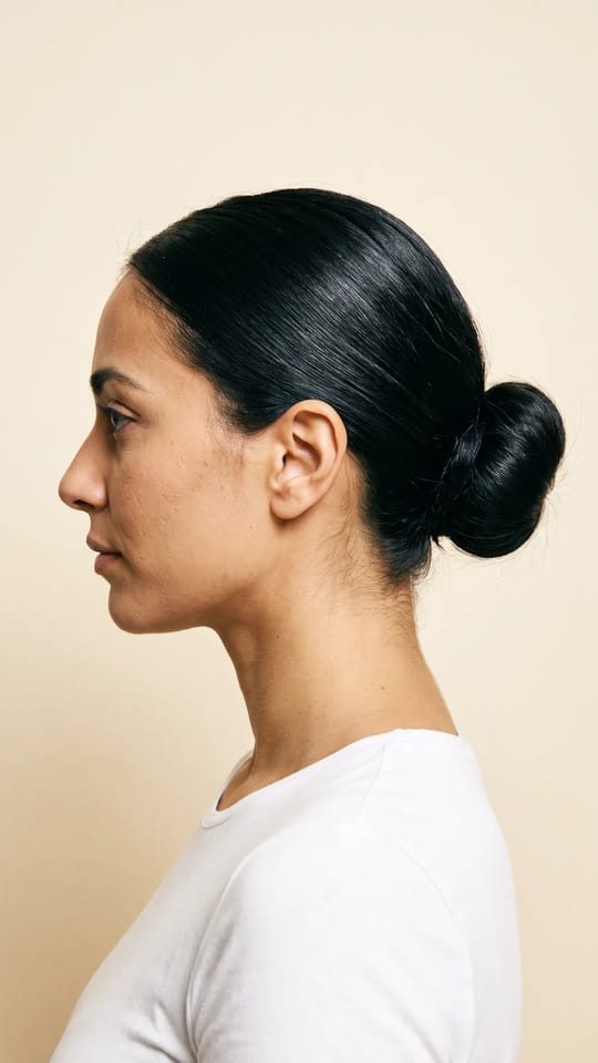 Chignon de danseuse lisse : Chignon de danseuse haut, plaqué et lisse, sans aucun cheveu qui dépasse, raie centrale nette, nuque dégagée.