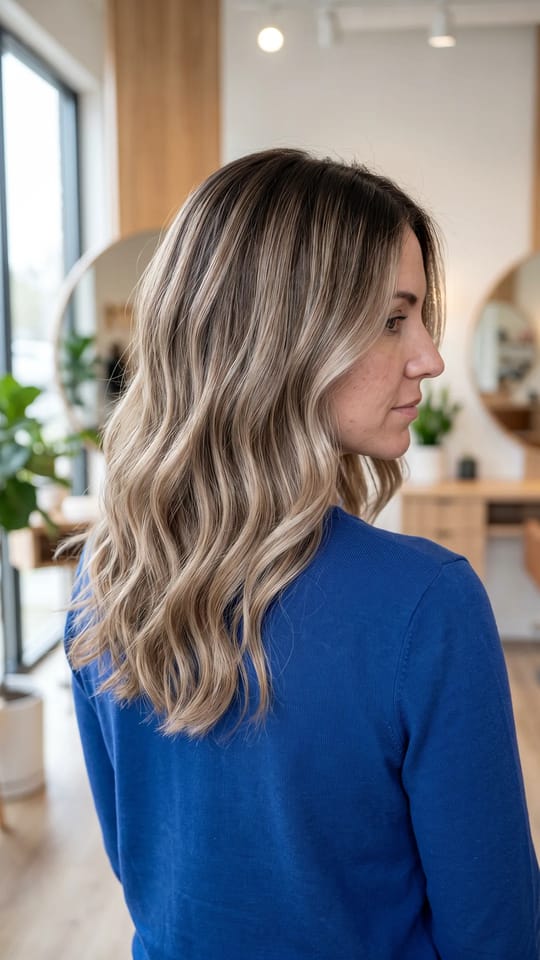 Balayage beige racines fondues : Balayage beige posé à la main avec racines fondues : blond sable doux qui se fond dans le châtain naturel, repousse discrète.