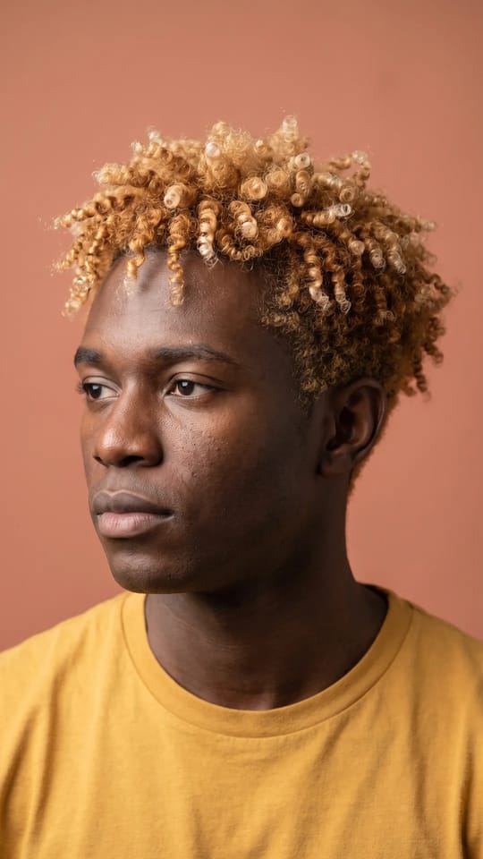 Boucles teintes blond doré : Dessus bouclé teint en blond doré, boucles ressorties et lumineuses, côtés plus courts en dégradé doux.