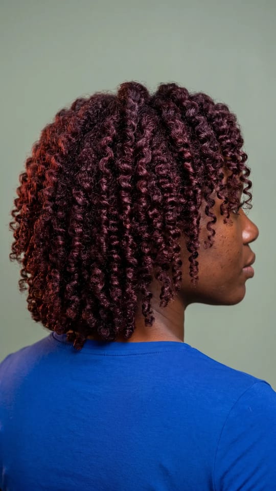 Bordeaux profond sur cheveux crépus : Bordeaux profond et brillant sur cheveux crépus : rouge acajou à reflets prune, couleur riche en lumière, boucles serrées définies.