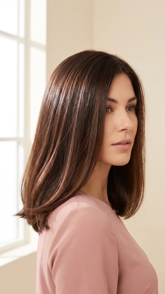 Brun chocolat brillant : Brun chocolat profond avec des nuances noisette, couleur unie riche et brillante, finition glossy.
