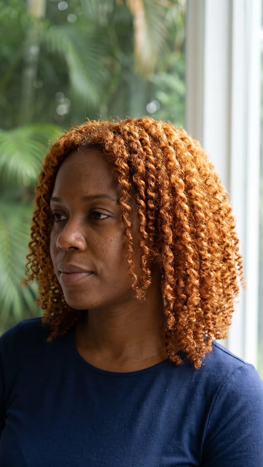 Cuivre sur boucles naturelles : Cuivre lumineux sur cheveux crépus naturels, boucles définies en twist-out, reflets orange doré chauds, texture souple et brillante.