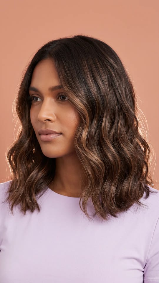 Balayage mocha : Balayage mocha : base brun café avec des mèches caramel-moka très fondues, dimension riche et chaude, longueur aux épaules.