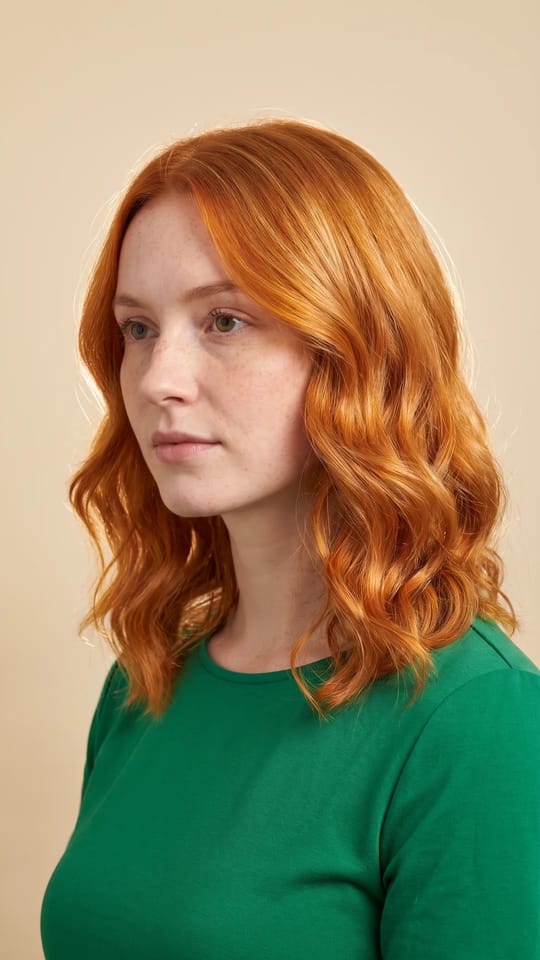 Roux flamboyant naturel : Roux flamboyant d'aspect naturel, orange cuivré franc et lumineux sans effet carotte, longueurs ondulées brillantes.