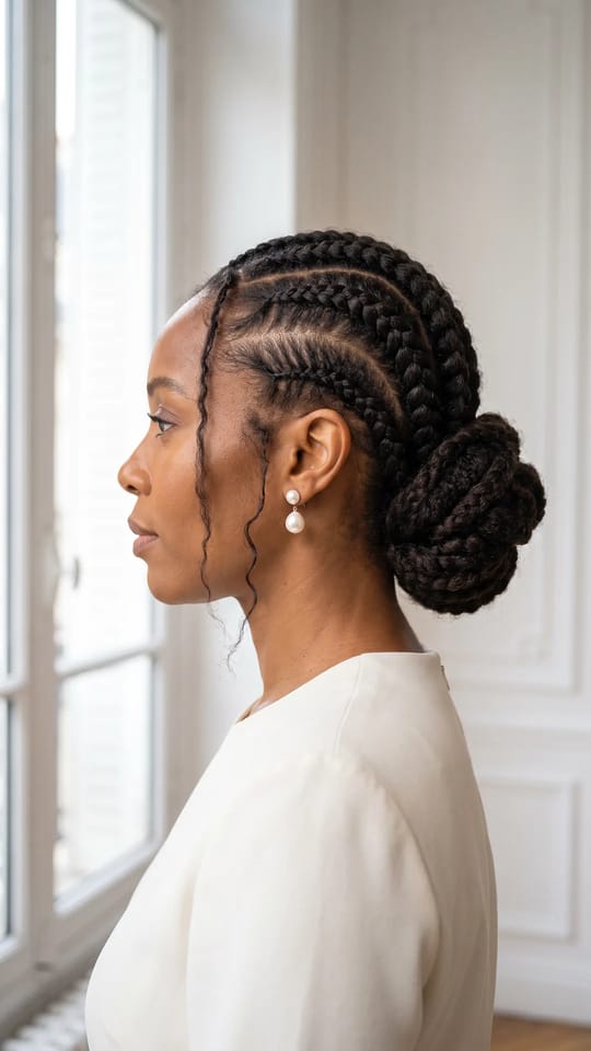 Cornrows en chignon bas : Nattes collées de largeurs variées qui se rejoignent en un chignon bas enroulé sur la nuque, quelques mèches fines qui encadrent le visage, très élégant.