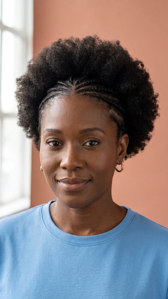 Cornrows fines et afro volumineux : Fines cornrows sur le devant et les côtés de la tête qui se fondent dans un afro volumineux et rond sur le sommet et l'arrière, contour net, du jour au soir.